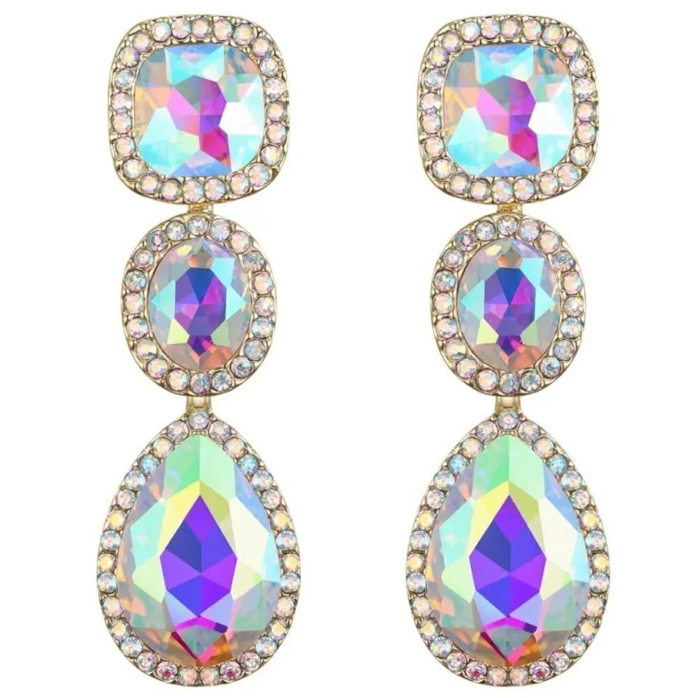 Yellow Gold and Iridescent AB Austrian Crystal Dangling Chandelier Post Earrings